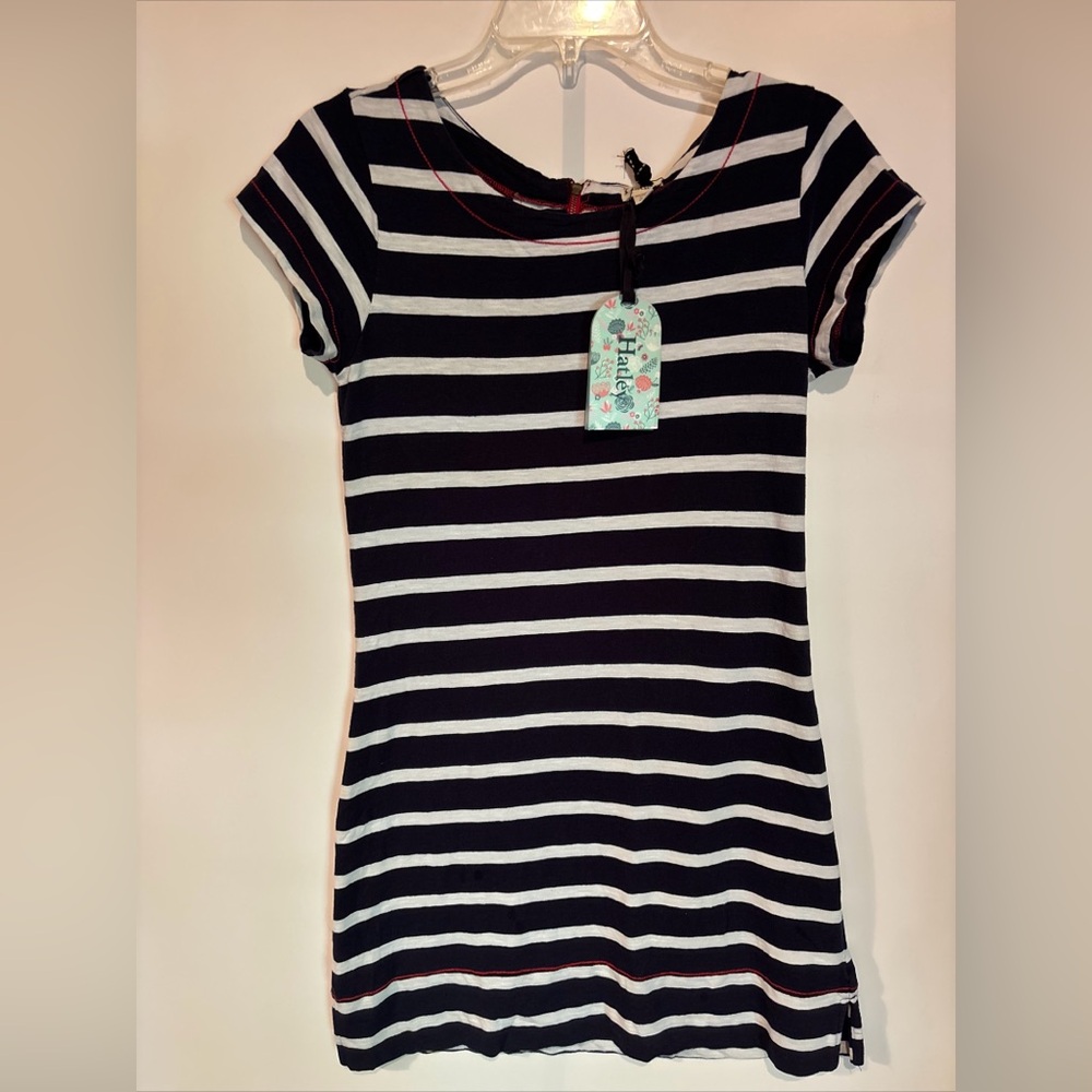 Hatley Women’s Knee Length Tshirt Dress, Navy White Stripe, Size Small
